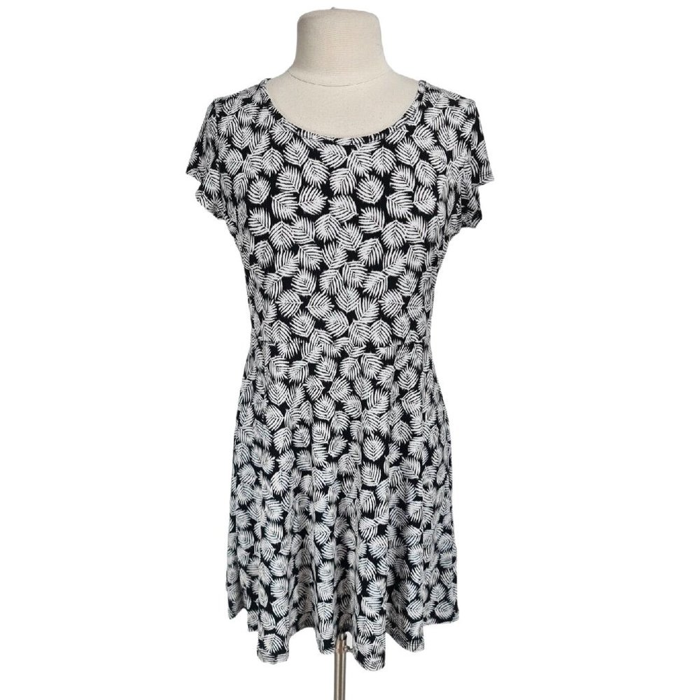 MICHAEK KORS Women Mini Fit &Flare Dress Size L Black White Floral Crew Neck 77P